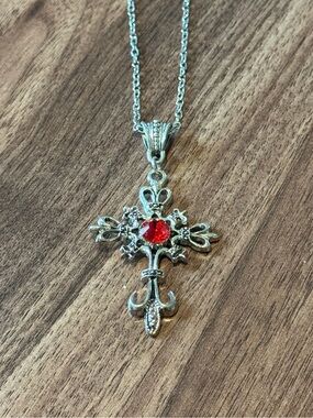 Hot Topic Silver-Tone Cross Necklace with Red Gem